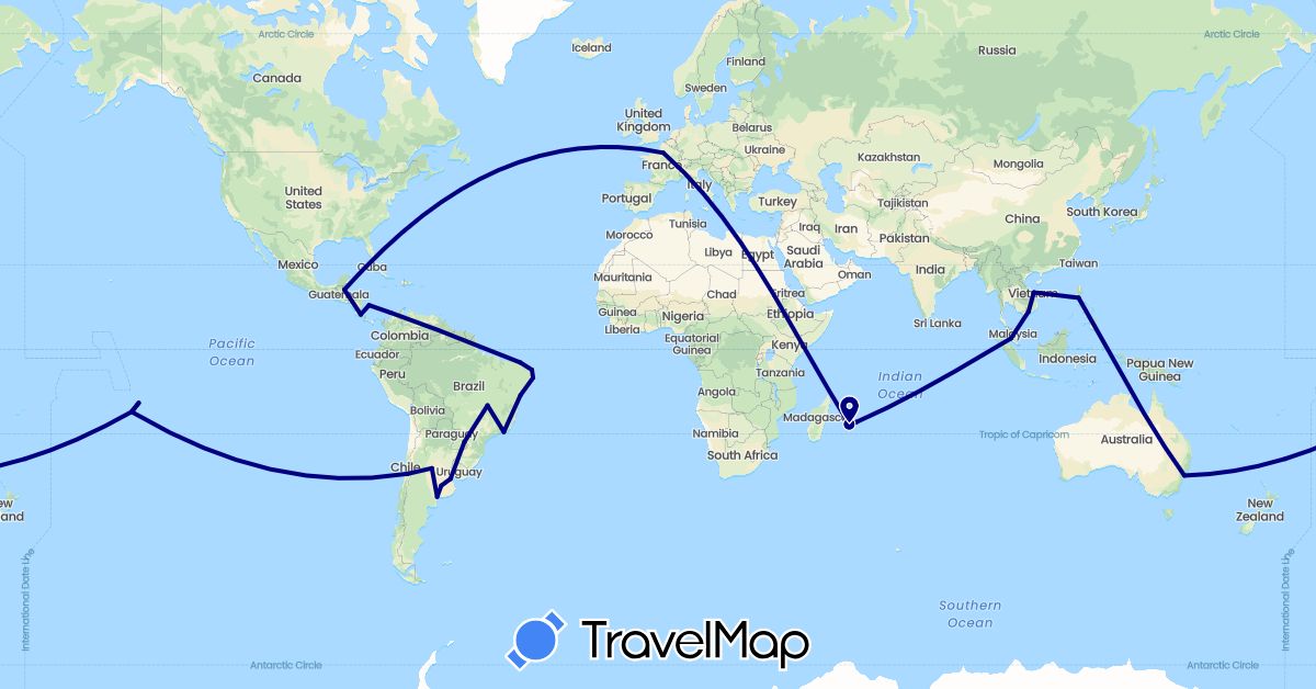 TravelMap itinerary: driving in Argentina, Australia, Brazil, Belize, Chile, Colombia, Costa Rica, France, Mauritius, Malaysia, Philippines, Vietnam (Africa, Asia, Europe, North America, Oceania, South America)